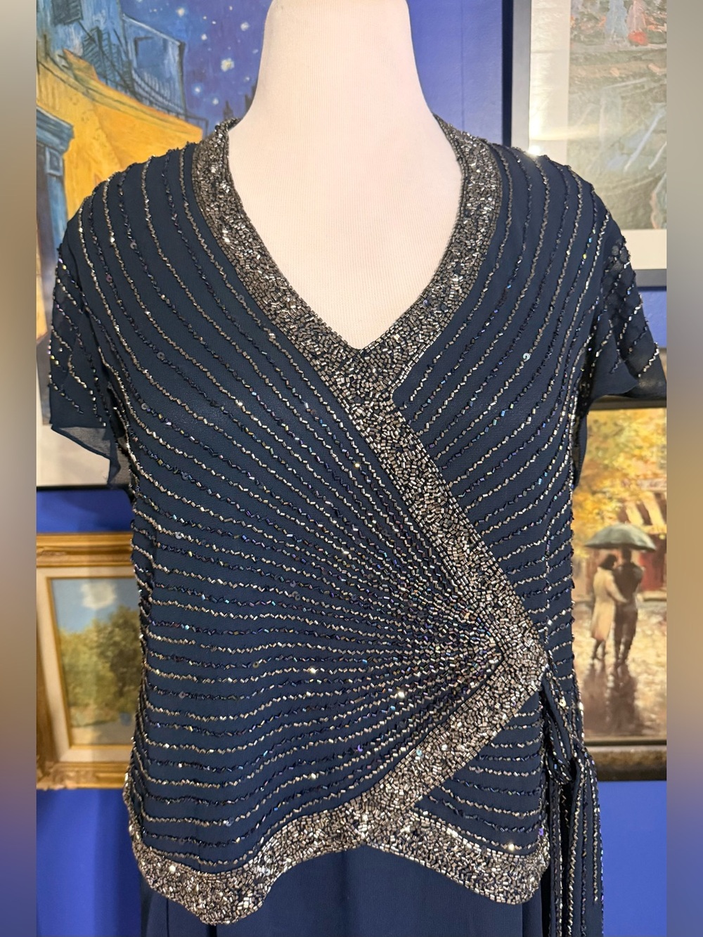 J Kara Navy Beaded Asymmetrical Dress Wrap-Style With Intricate Bead and Sequin